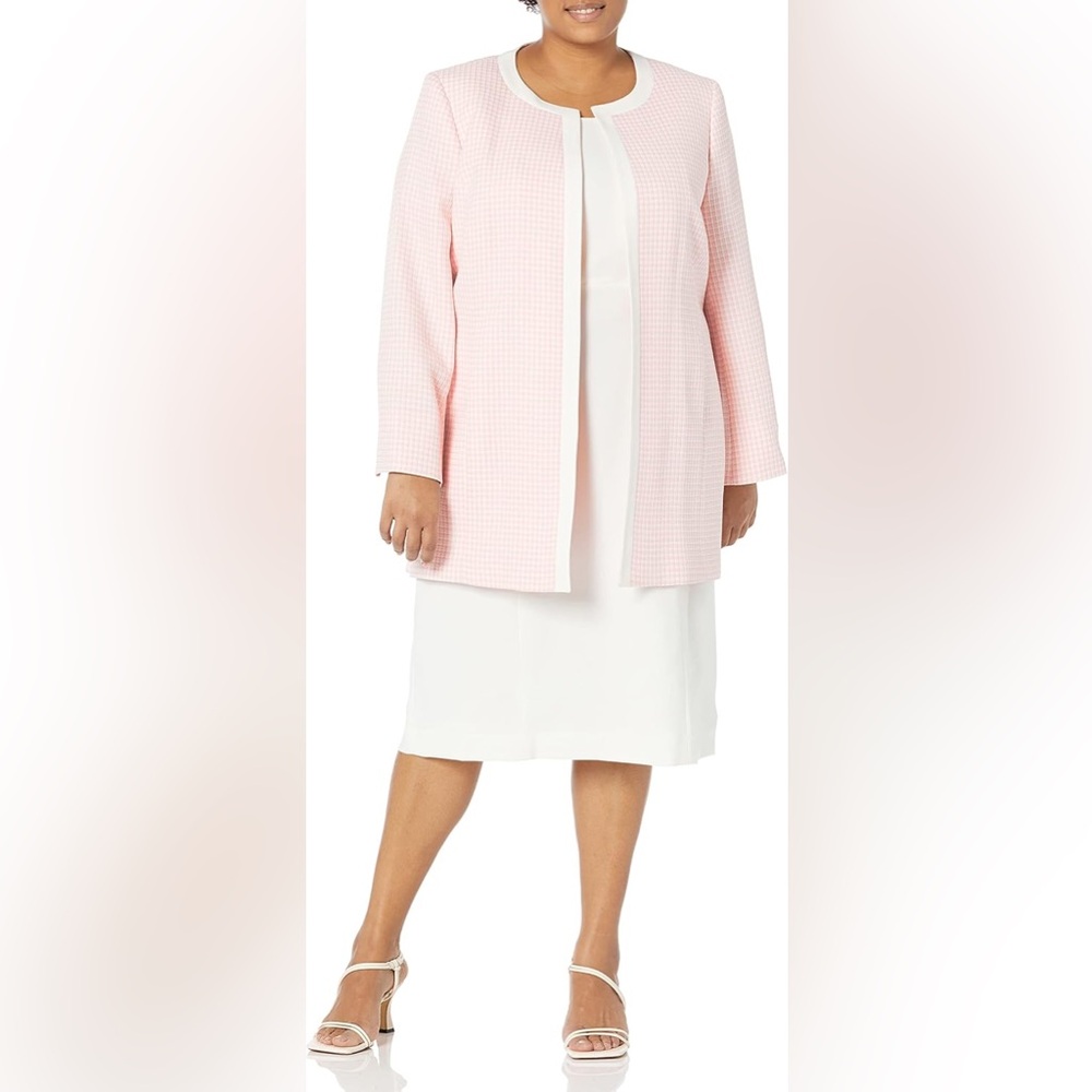 Le Suit Pink Checkered Blazer and White Dress Ensemble